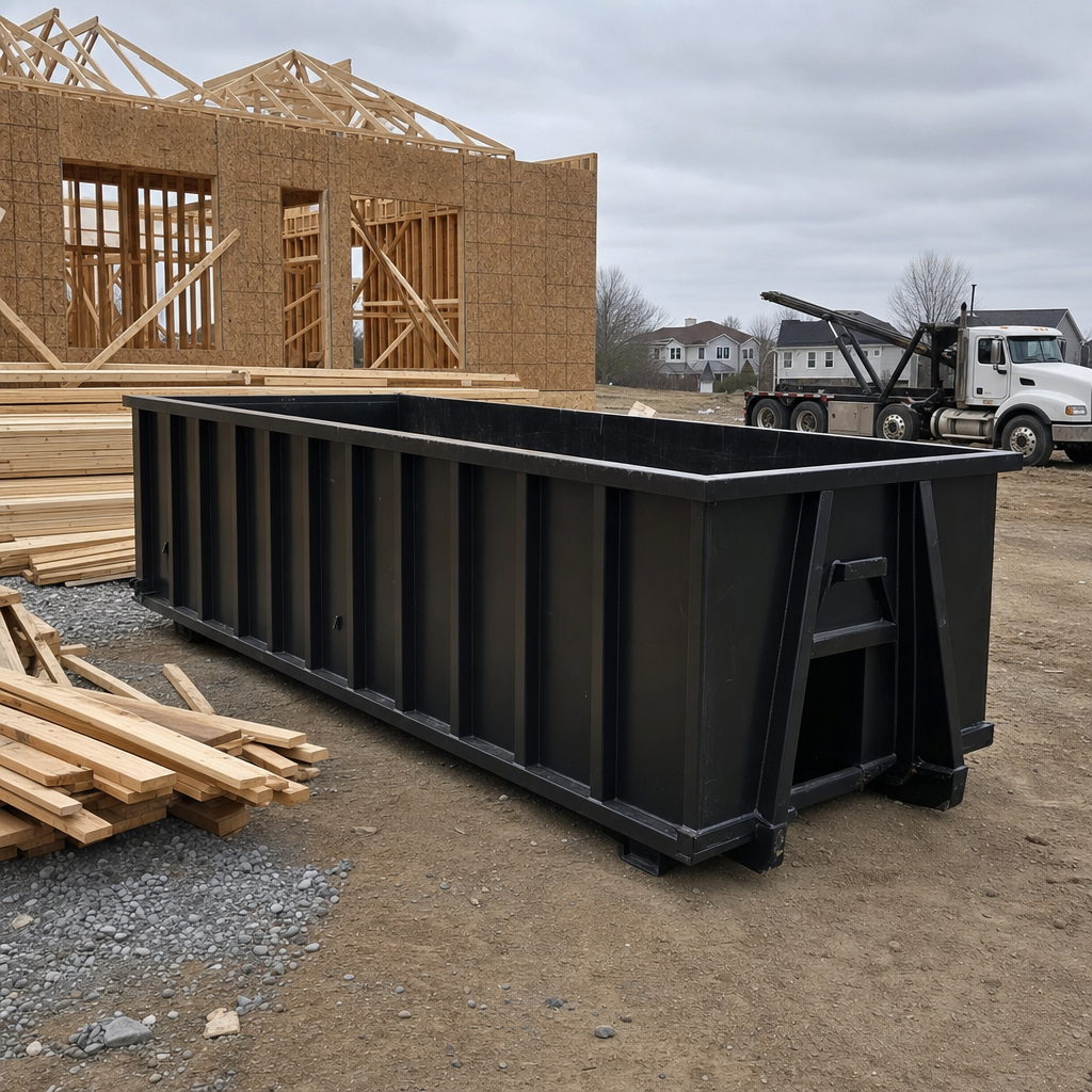 Matte-black 40-yard roll-off dumpster staged on a framed-out residential construction site in Overland Park, framing lumber stacked nearby, hooklift delivery truck visible in the background under bright Colorado daylight