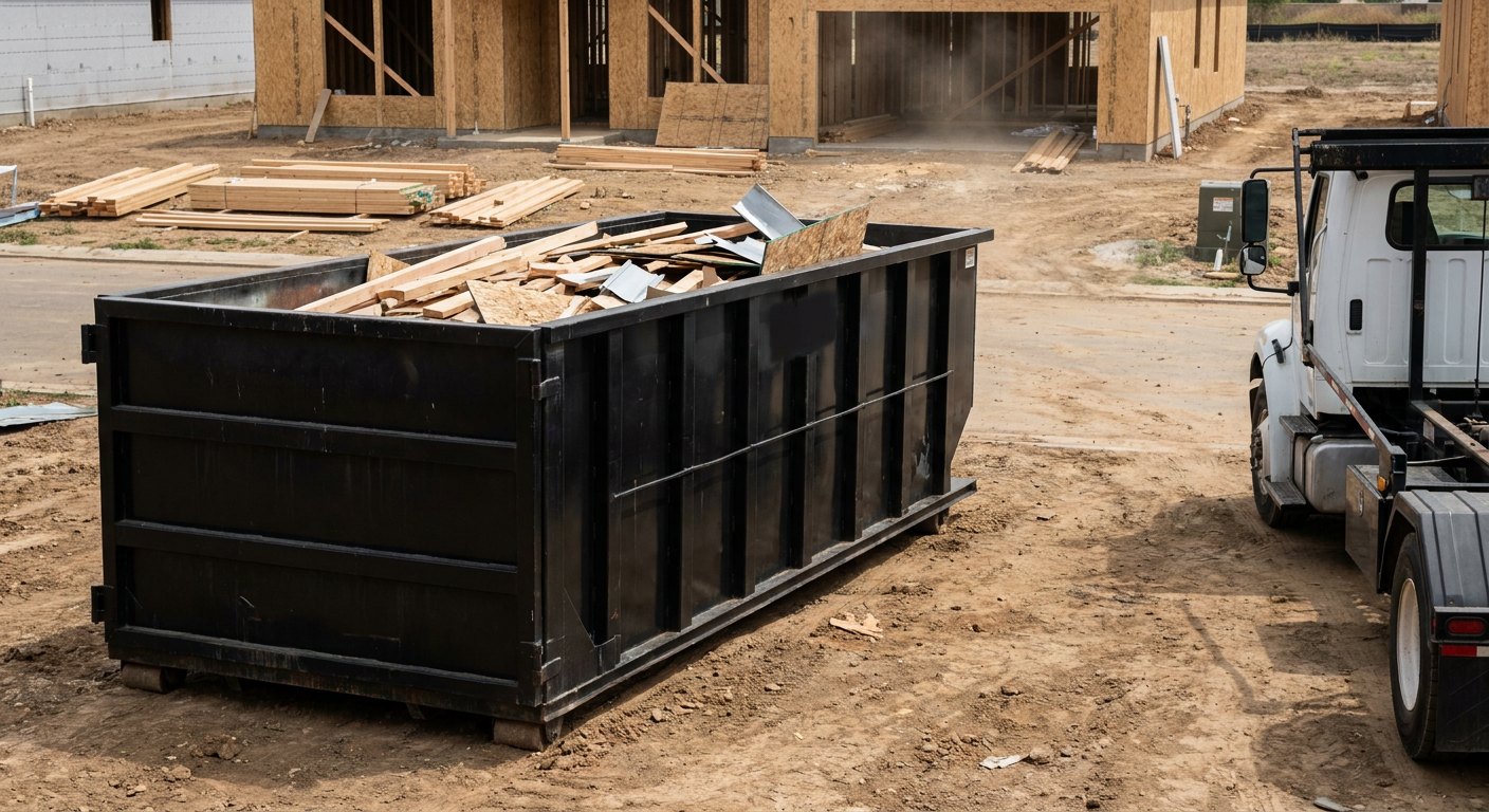 Matte-black 20-yard roll-off construction dumpster with heavy ribbed steel sidewalls and swing rear doors at a working jobsite in Overland Park, sitting directly on compacted dirt with an unmarked white hauler partially visible at the far edge of the frame.