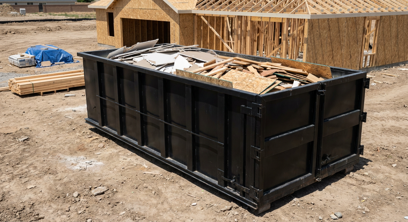 Matte-black 30-yard roll-off construction dumpster sitting directly on the compacted-dirt site of a framed single-family home build in Overland Park, drywall and lumber scrap loaded inside.