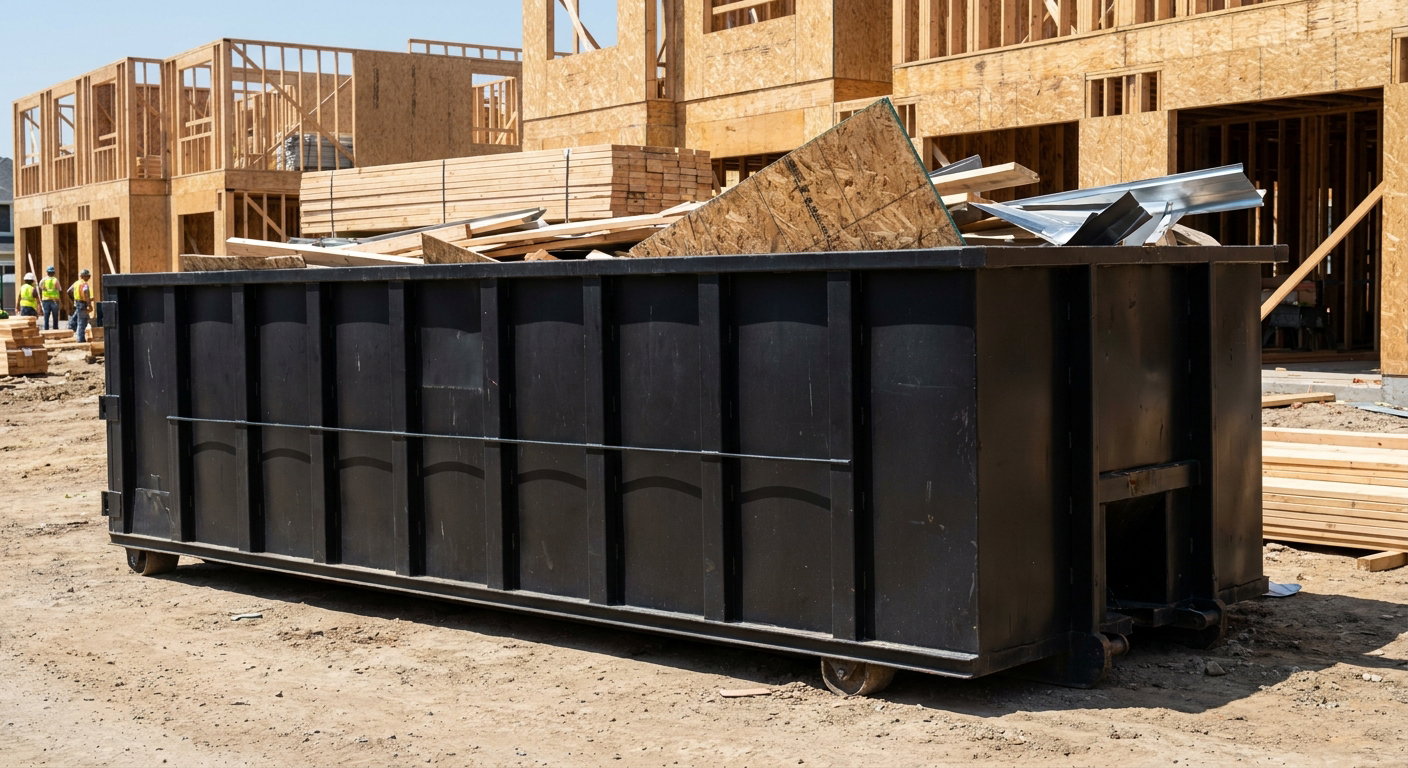 Matte-black 40-yard roll-off construction dumpster being lowered from a white-cab hooklift delivery truck onto the compacted-dirt jobsite at a commercial build site in Overland Park