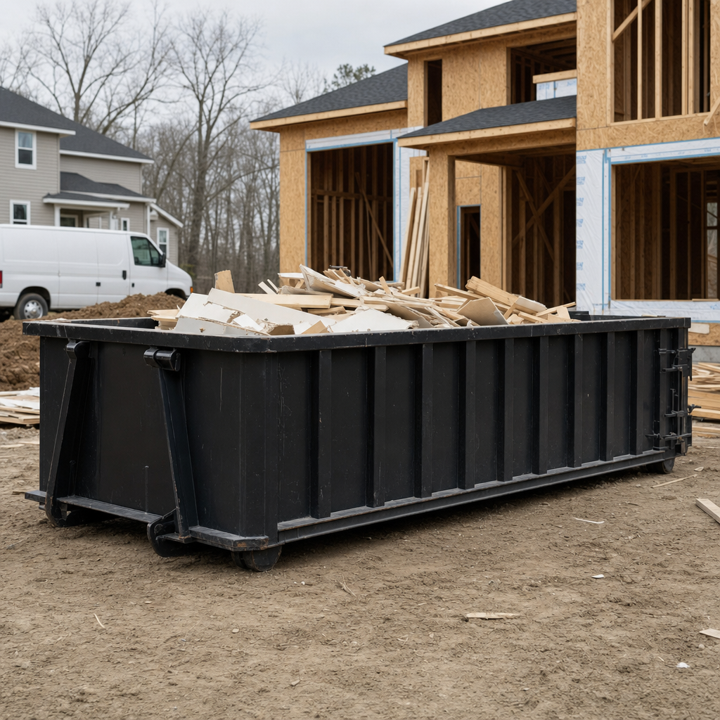 Worker in a yellow high-visibility vest tossing framing lumber and broken drywall into a matte-black 30-yard construction roll-off dumpster on an active build site in Overland Park, bright daylight