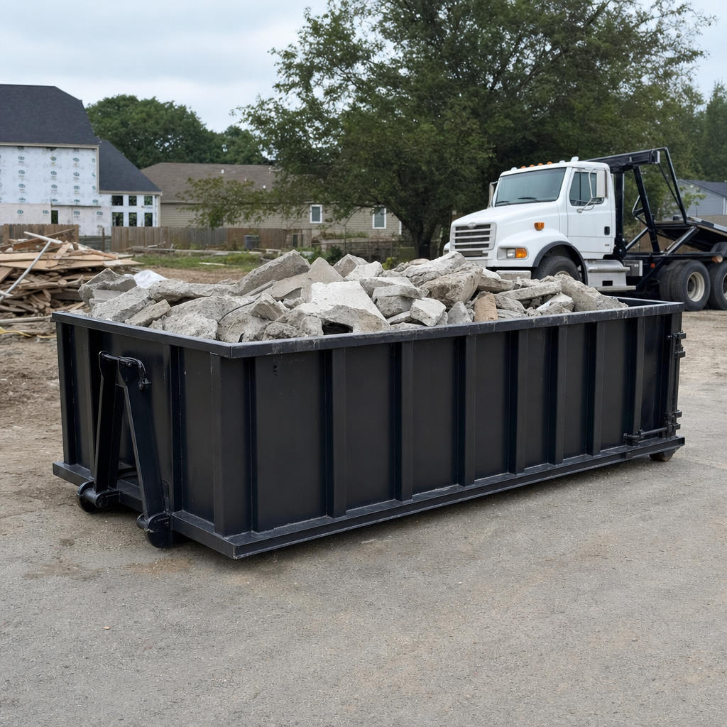 Low-profile matte-black lowboy roll-off dumpster loaded with broken concrete slab and rebar at a foundation tear-out in Overland Park, skid steer parked beside it, sunny Colorado morning