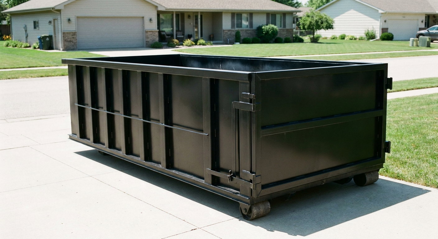 Matte-black 10-yard roll-off dumpster on a residential concrete driveway in Overland Park, uniformly painted matte black across every panel and rail, ribbed steel sidewalls and rear swing door visible, mid-day daylight.