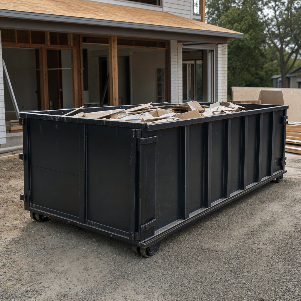 Large matte-black 30-yard construction roll-off dumpster at an active Overland Park jobsite, steel-gray top rails and bottom rollers visible, loaded with construction debris.