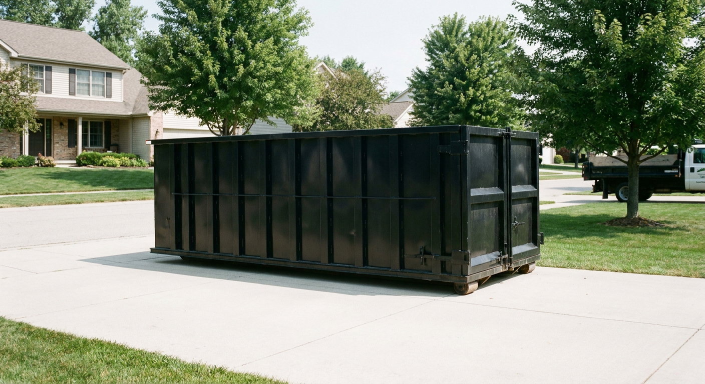 Matte-black 20-yard roll-off dumpster sitting level on a clean Overland Park residential concrete driveway under bright daylight, demonstrating clean placement directly on the concrete.