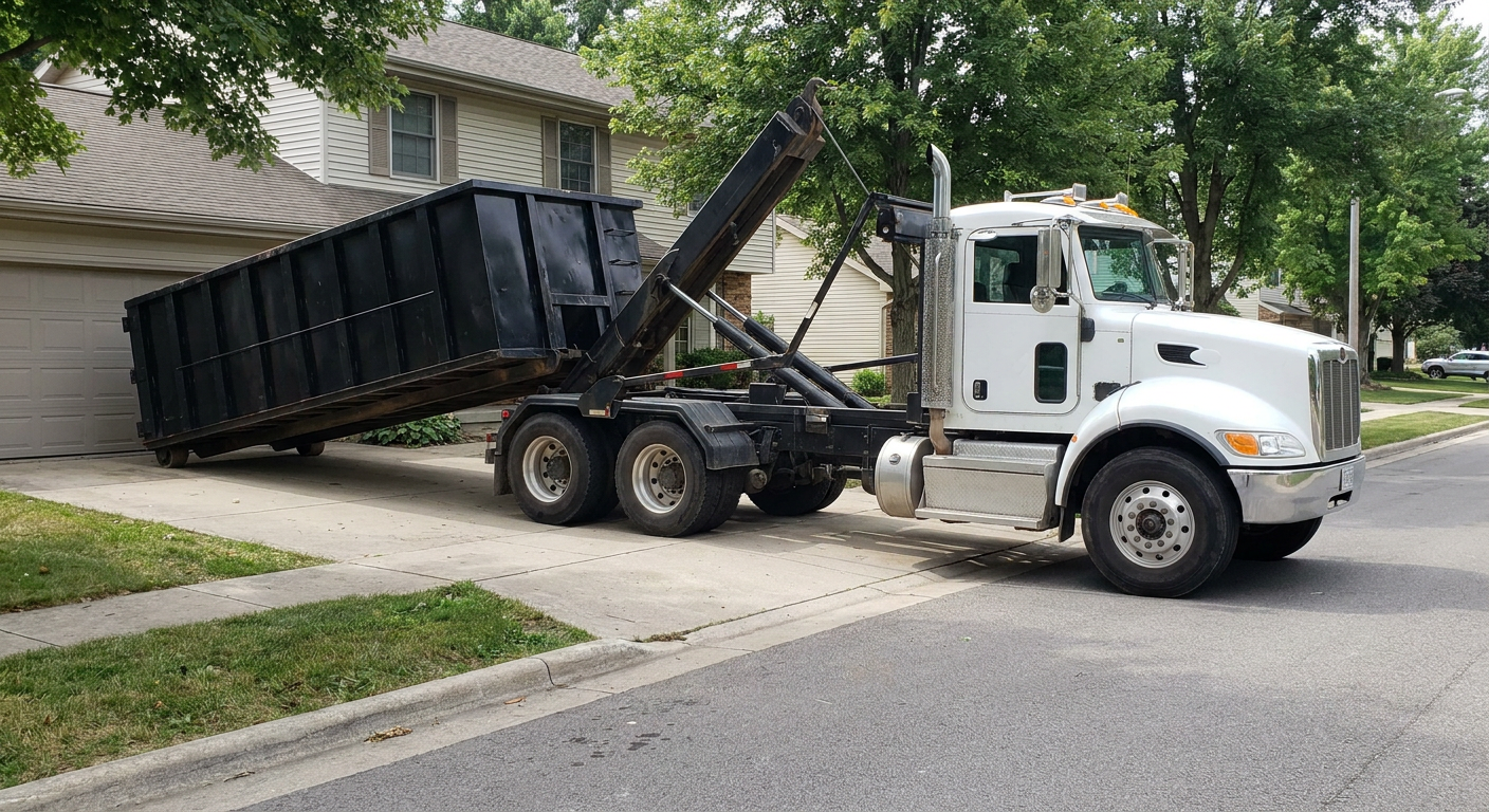 White-cab hooklift roll-off truck actively lowering a matte-black dumpster onto a Overland Park residential concrete driveway, the dumpster's rear wheels touching the driveway as the hoist arm tilts the bed forward, mid-morning daylight.