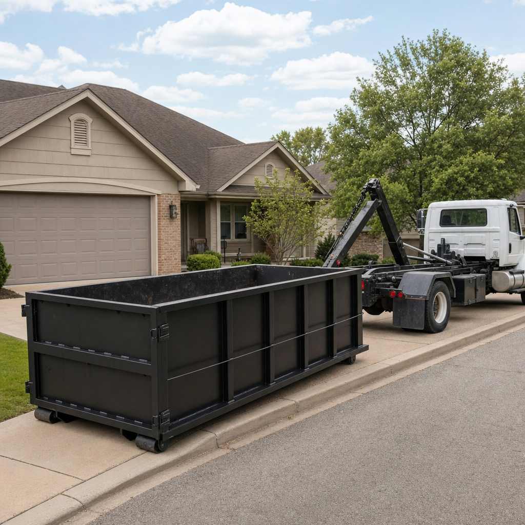 Wide documentary shot of a matte-black roll-off dumpster on a Overland Park residential driveway in the foreground and a contractor jobsite container in the soft-focus background, bright daylight, calm and orderly composition.