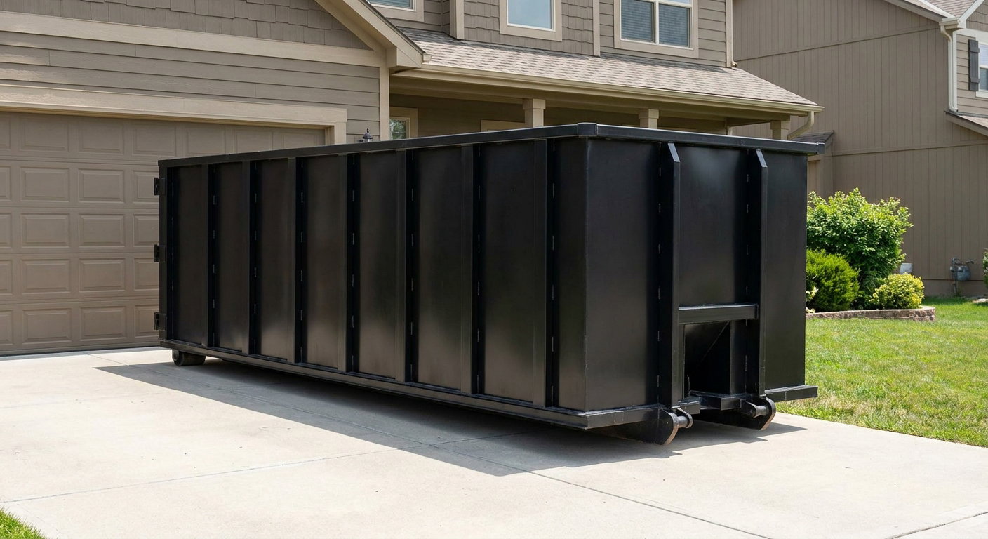 Matte-black residential roll-off dumpster sitting directly on a suburban Overland Park concrete driveway, garage door closed, single-family home in background, bright morning daylight.