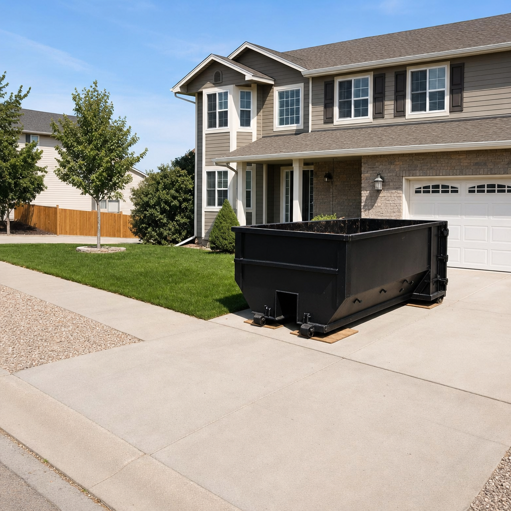 10-yard matte-black residential dumpster placed directly on a narrow Overland Park concrete driveway, room remains for a parked sedan beside it, mid-morning natural light