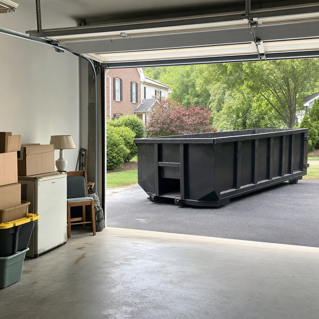 Open garage interior in a Overland Park home mid-cleanout — boxed items, an old appliance, and stacked yard tools queued near the driveway for a matte-black roll-off dumpster, organized and calm