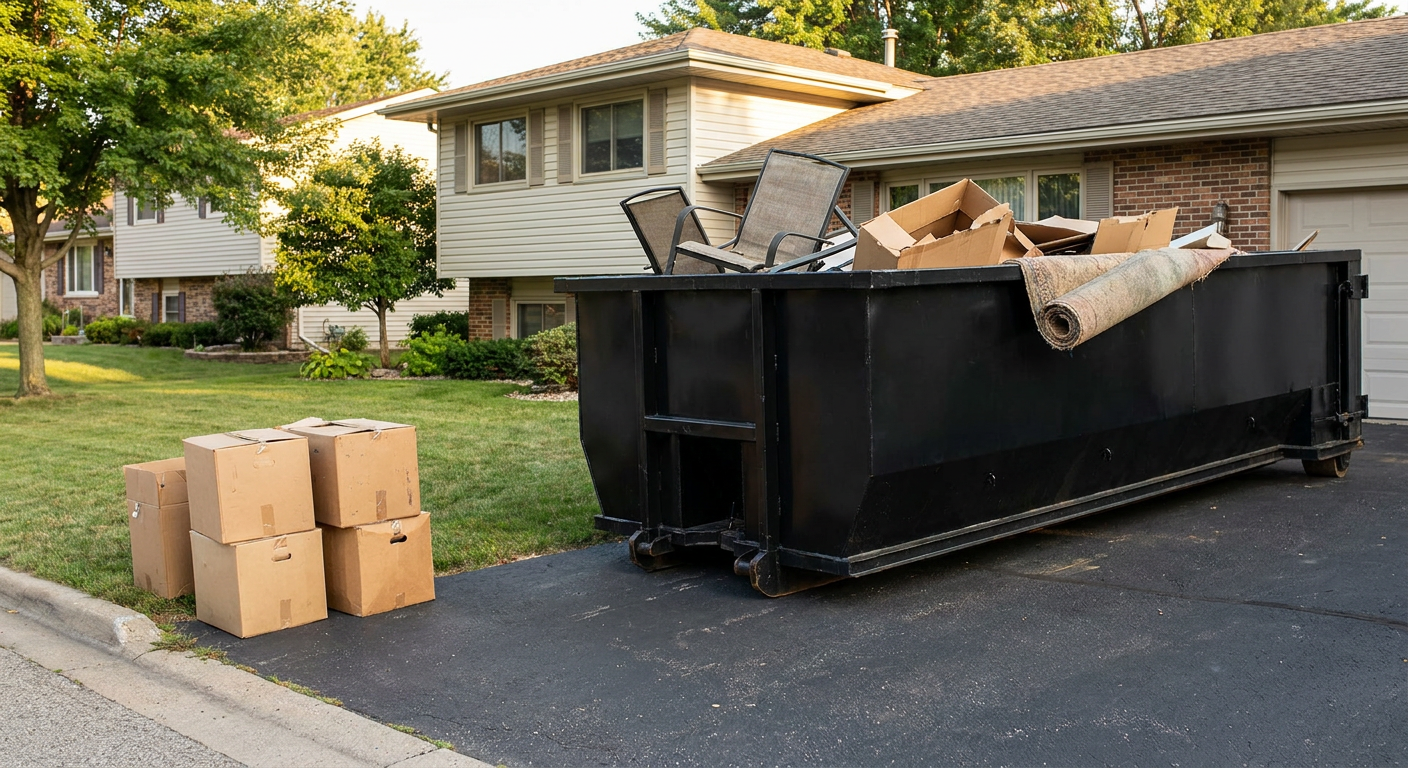 Front-yard view of a Overland Park split-level home with a 20-yard matte-black roll-off dumpster sitting directly on the asphalt driveway, a few clearly labeled donation boxes staged at the curb, calm sunny afternoon.