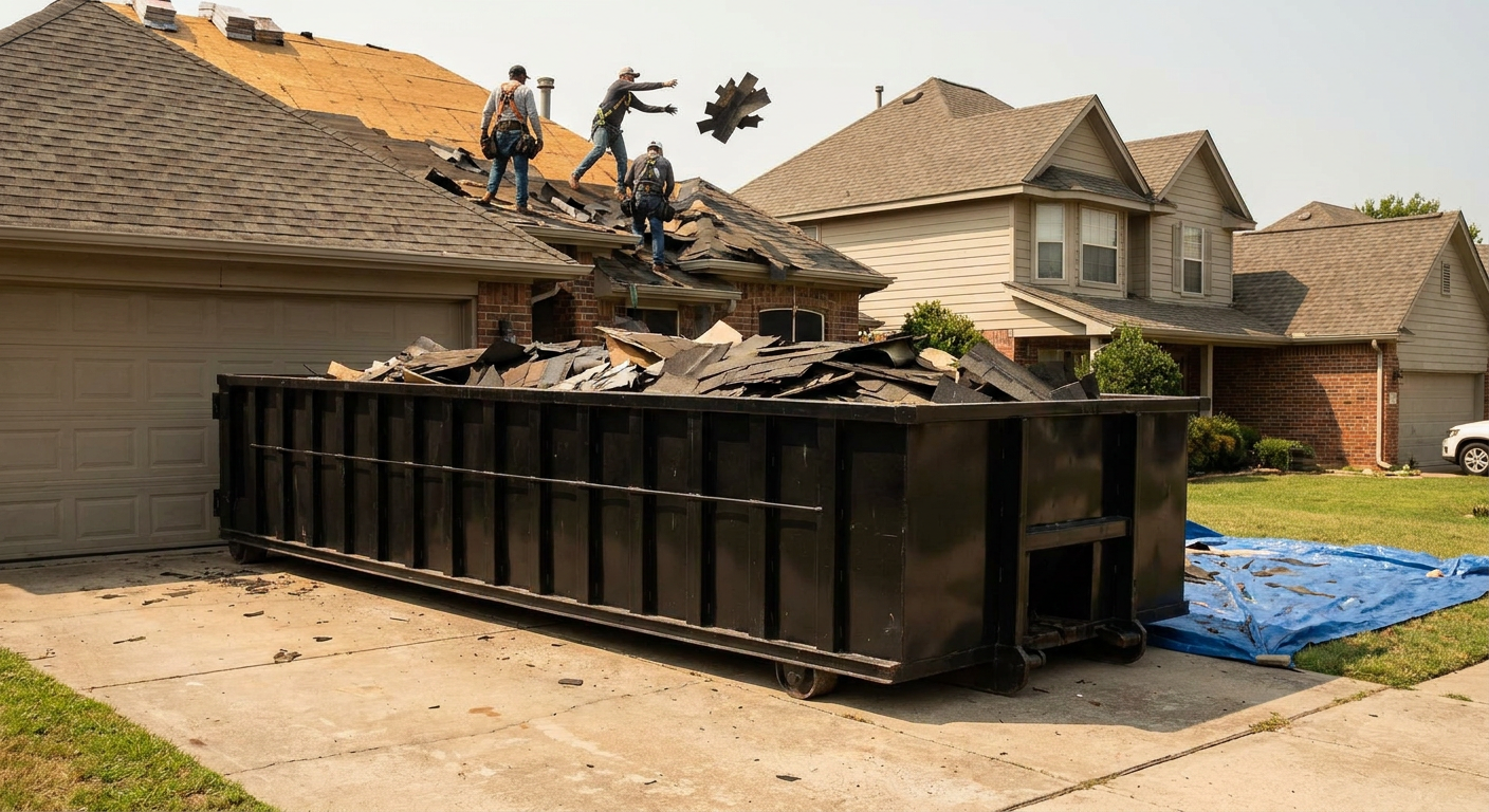 Matte-black roofing roll-off dumpster placed directly on a Overland Park residential concrete driveway, a tear-off crew on a two-story asphalt-shingle roof tossing shingle bundles into the low-walled container, bright daylight, documentary 35mm perspective.