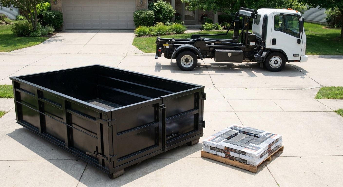 Matte-black 15-yard roofing roll-off dumpster with reinforced low side walls sitting directly on a Overland Park residential concrete driveway, three-tab asphalt shingle bundles stacked nearby, an unmarked white hauler truck partially visible at the edge of the frame.