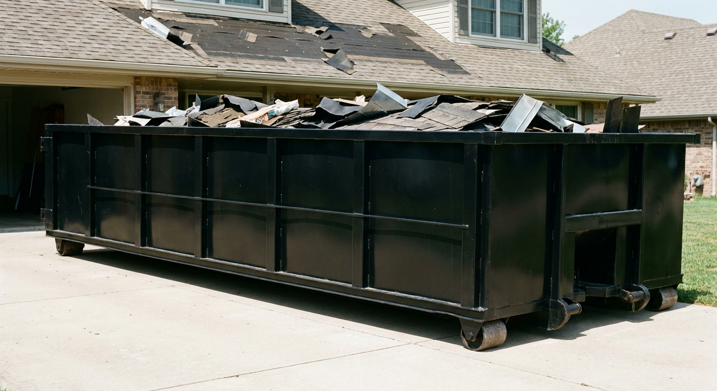 Matte-black 20-yard roofing roll-off dumpster with steel ribbed sides and swinging rear door, sitting directly on the concrete driveway of a two-story Overland Park home, asphalt shingle debris being loaded over the low wall, clean documentary lighting.