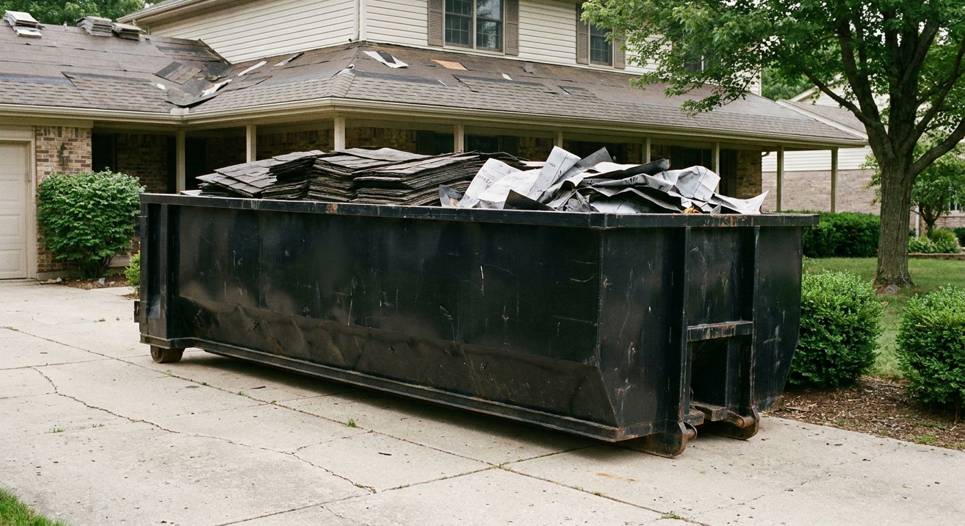 Matte-black 30-yard roofing roll-off dumpster sitting directly on a Overland Park concrete driveway, taller ribbed steel side panels, mixed tear-off debris of asphalt shingles and underlayment inside, professional documentary daylight.