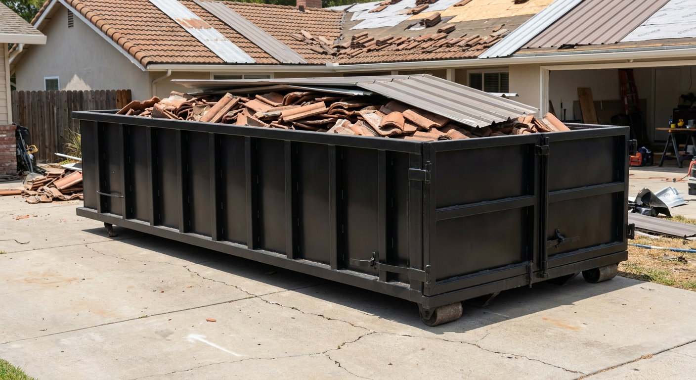 Matte-black low-wall heavy-debris roofing roll-off dumpster sitting directly on a Overland Park concrete driveway, broken concrete clay roof tiles and metal panel sections loaded inside, reinforced ribbed steel side walls visible, bright outdoor daylight.
