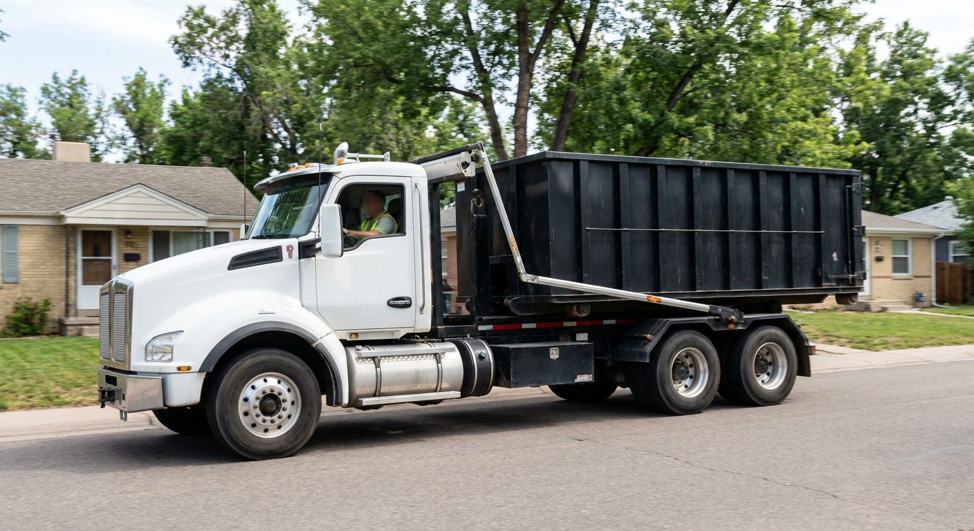 A wide documentary shot of a matte-black roll-off delivery truck pulling onto a quiet Overland Park residential street at mid-morning, with neighborhood rooftops and tree-lined blocks visible behind, showing the metro coverage footprint.
