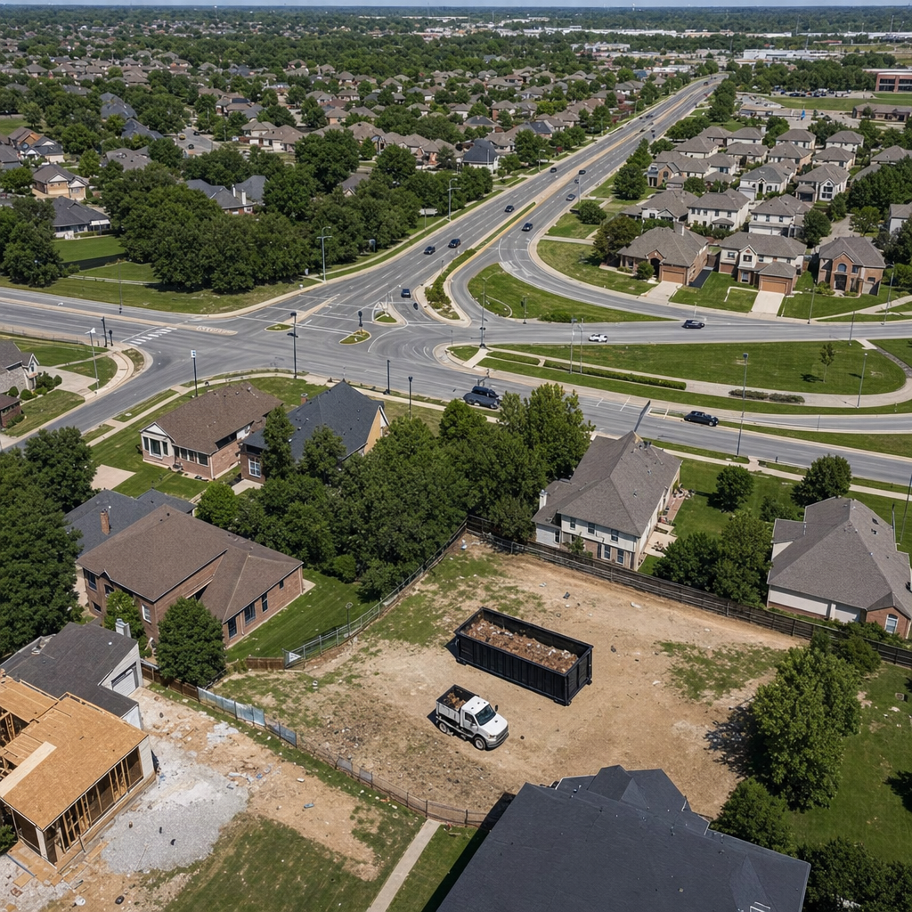 An overhead documentary view of the Overland Park metro area at midday, showing the spread of neighborhoods, arterial roads, and the dispatch radius from a central yard — clean daylight, organized geographic layout.
