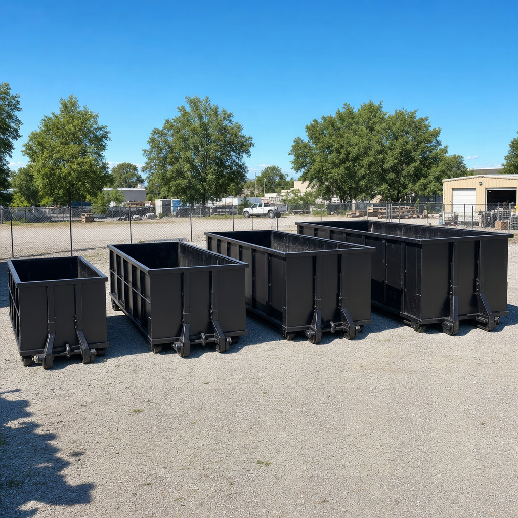 A clean lineup of matte-black roll-off dumpsters in 10, 20, 30, and 40-yard sizes staged on a sunlit gravel yard in Overland Park, showing the size progression from compact to commercial-scale containers.