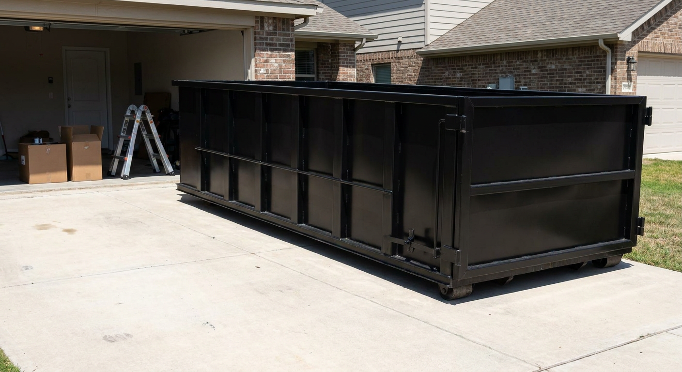 A matte-black 10-yard roll-off dumpster sitting directly on a residential Overland Park concrete driveway, mid-day sunlight, clean and ready for a garage cleanout.