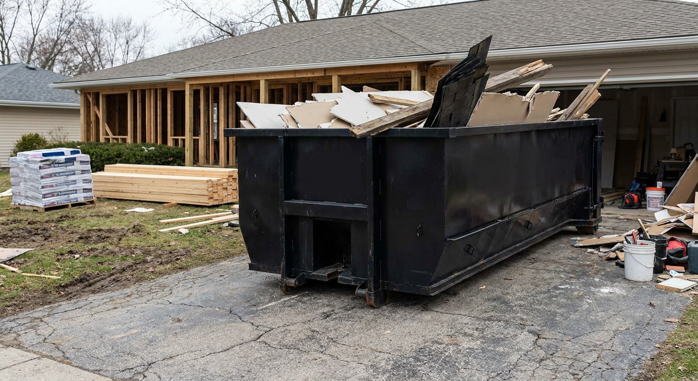 A matte-black 20-yard roll-off dumpster placed alongside a mid-renovation Overland Park home directly on the asphalt driveway, with framing materials and torn-off shingles staged neatly nearby.