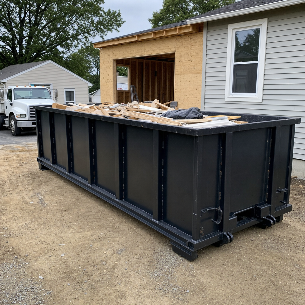 A matte-black 30-yard roll-off dumpster positioned at a Overland Park residential addition jobsite, with framing lumber and drywall scraps loaded through the open swinging rear doors.