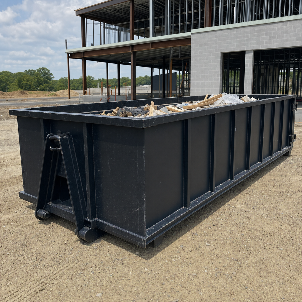 A matte-black 40-yard roll-off dumpster staged on a large Overland Park commercial construction lot, with a hooklift delivery truck parked alongside under bright midday sky.