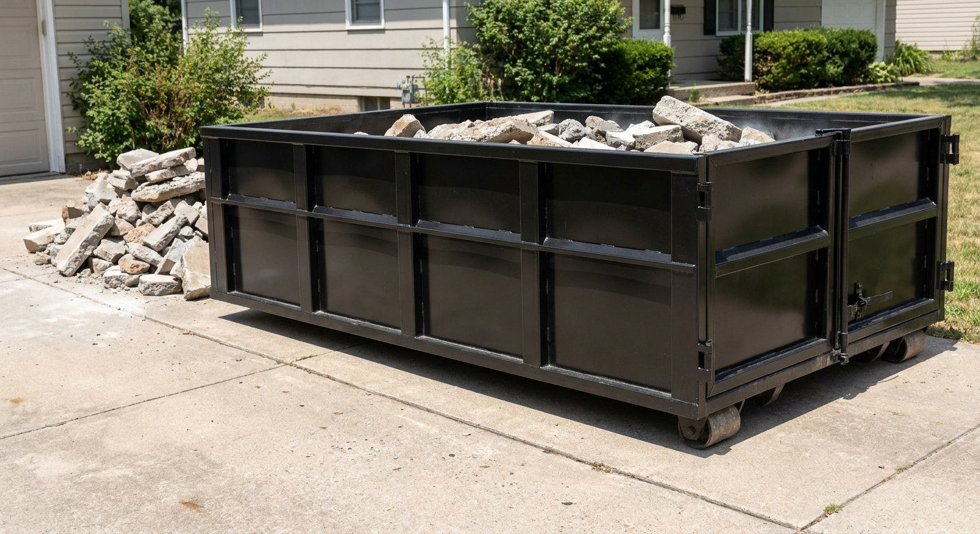 A matte-black low-side heavy-debris roll-off dumpster placed directly on a Overland Park concrete driveway, with broken concrete chunks neatly stacked beside it under clean daylight.
